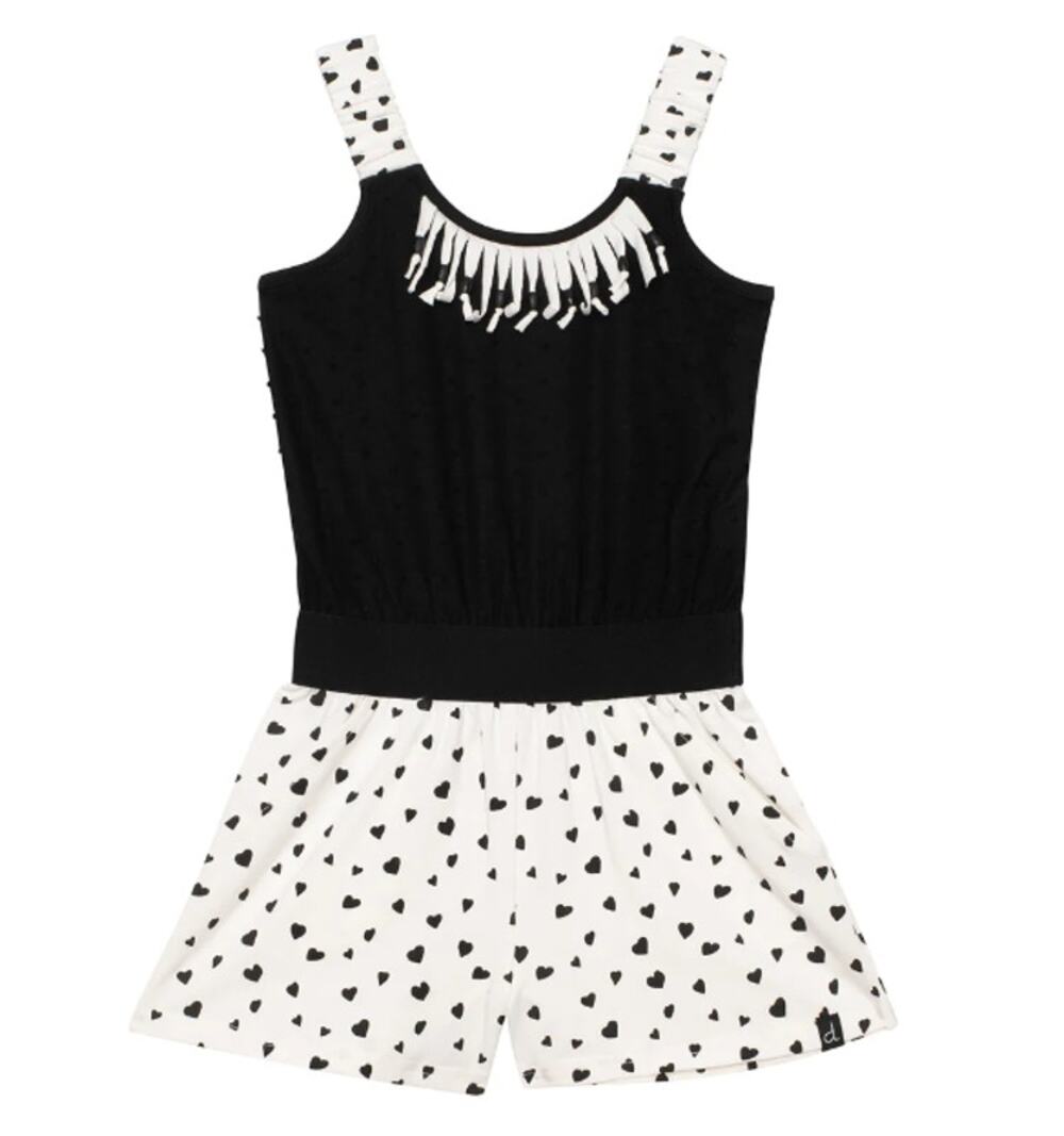 Deax Par Deux Black & White Heart Print Romper with Fringe Detail // 10